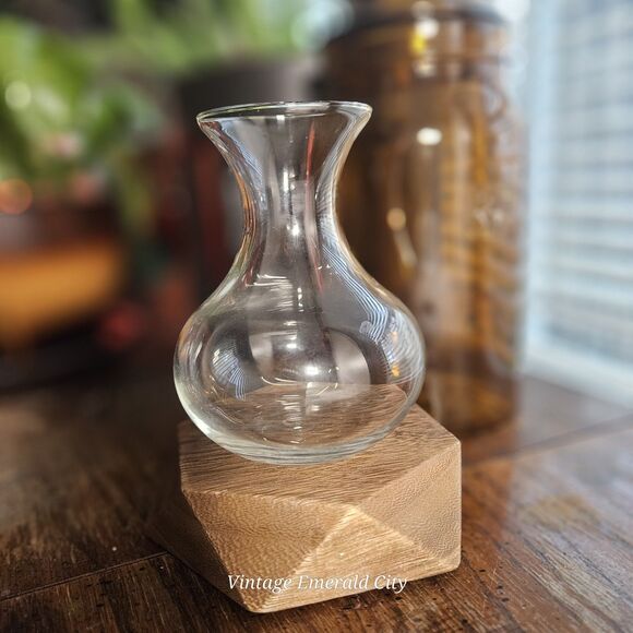 Vtg Clear Mini Vase Fluted Glass Top Opening With Wooden Geometric Base Set Of 2 - Picture 7 of 16